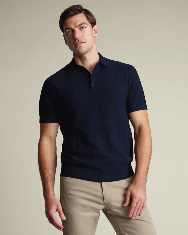 Cotton Stripe Texture Knitted Polo – Navy