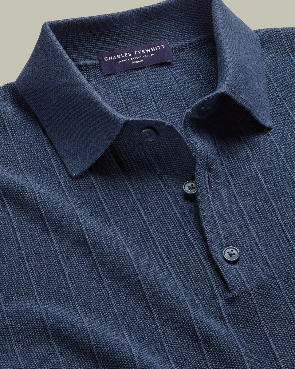 Cotton Stripe Texture Knitted Polo – Steel Blue