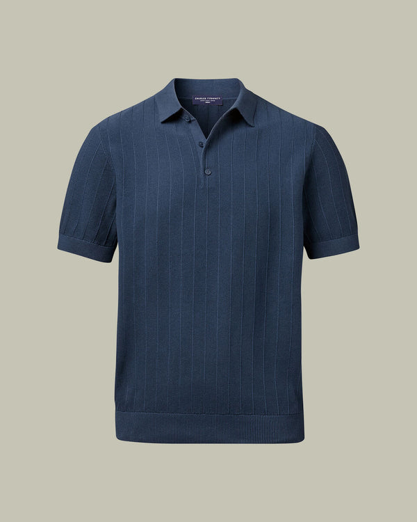 Cotton Stripe Texture Knitted Polo – Steel Blue