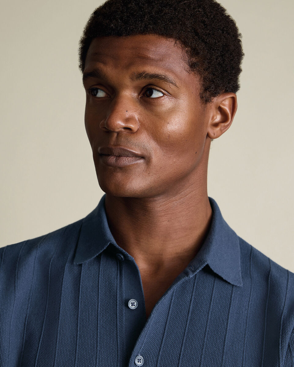 Cotton Stripe Texture Knitted Polo – Steel Blue