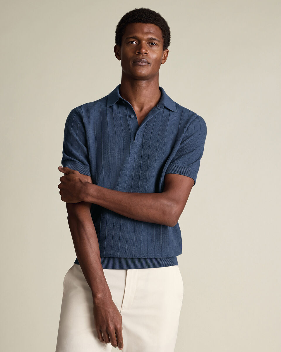 Cotton Stripe Texture Knitted Polo – Steel Blue Main image
