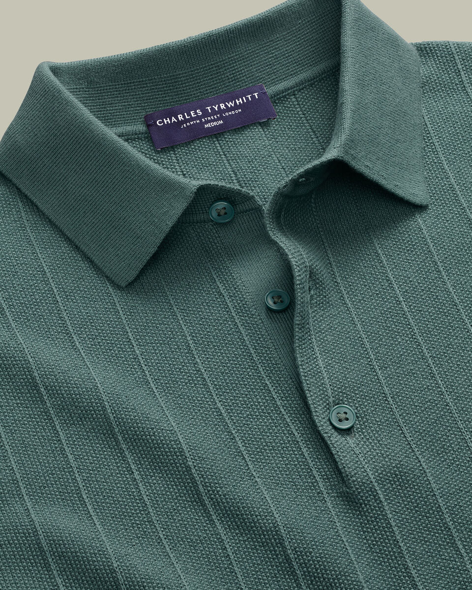 Cotton Stripe Texture Knitted Polo – Teal Secondary image