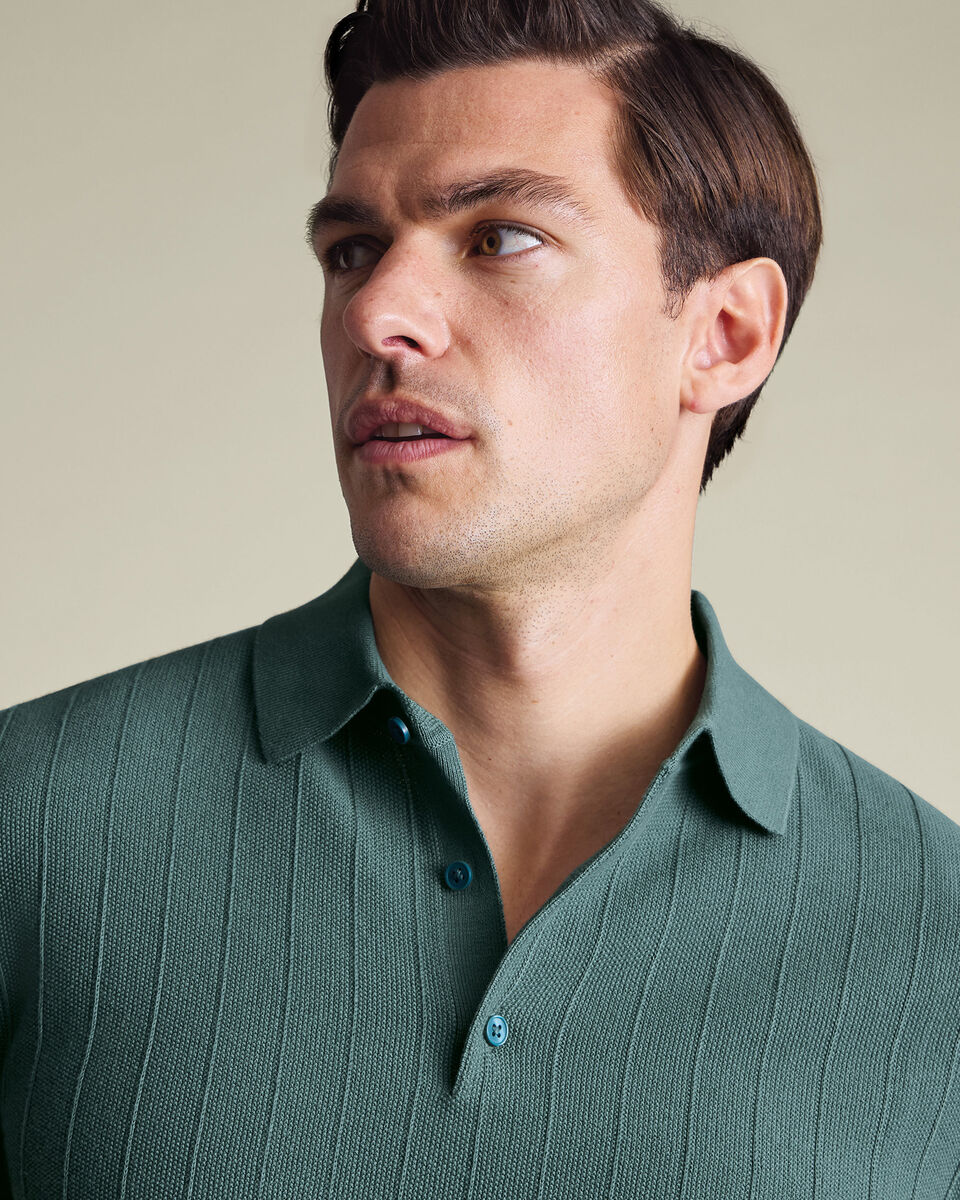 Cotton Stripe Texture Knitted Polo – Teal