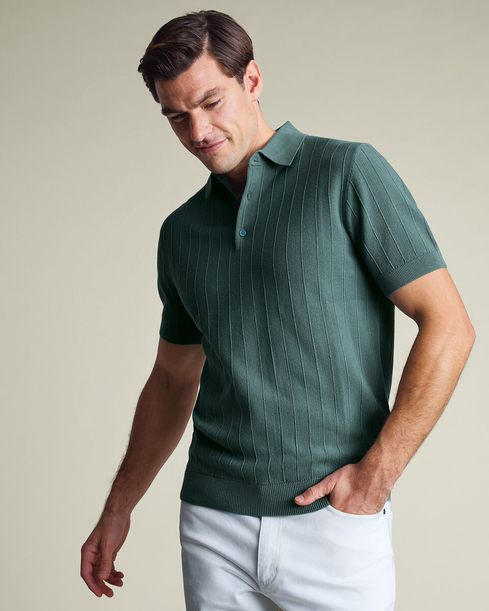 Cotton Stripe Texture Knitted Polo – Teal Main image