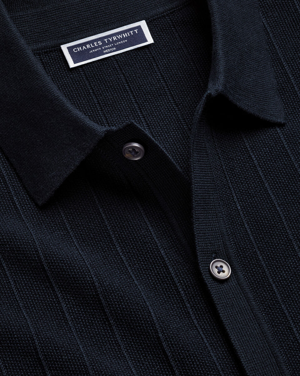 Cotton Stripe Texture Button Through Knitted Polo – Navy