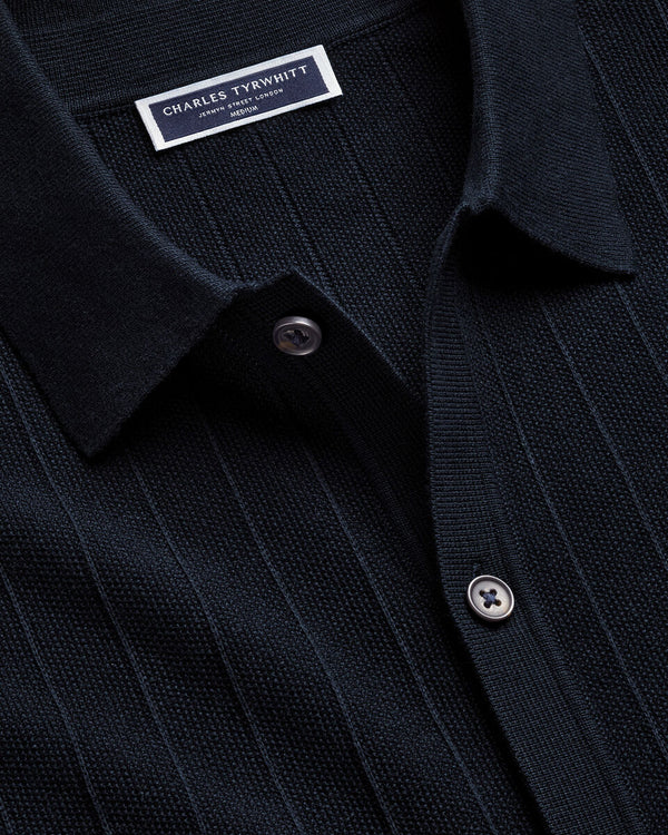Cotton Stripe Texture Button Through Knitted Polo – Navy