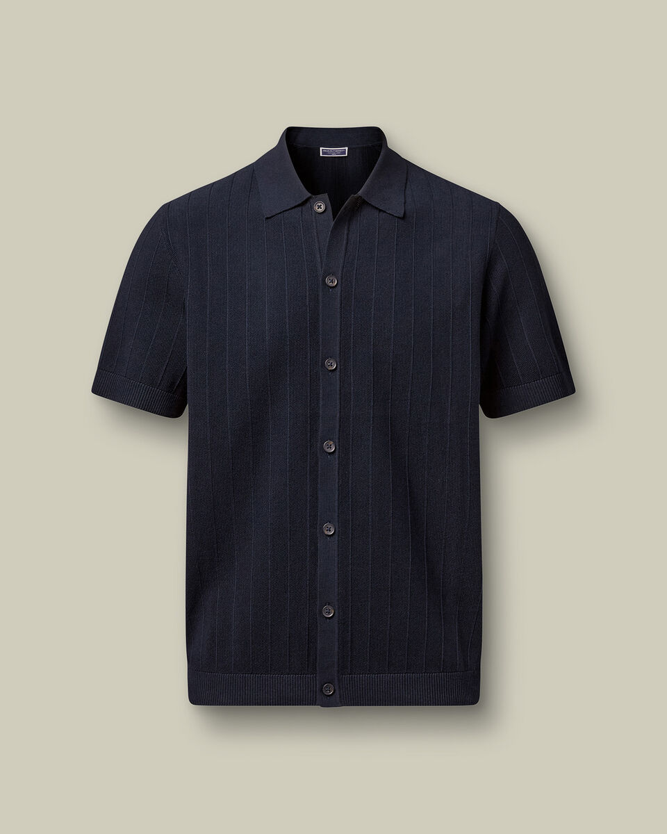 Cotton Stripe Texture Button Through Knitted Polo – Navy