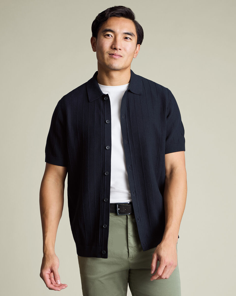 Cotton Stripe Texture Button Through Knitted Polo – Navy