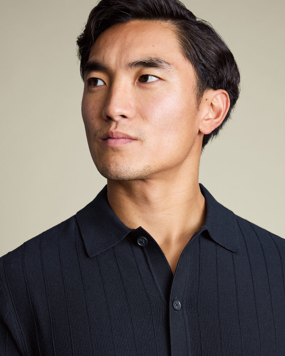 Cotton Stripe Texture Button Through Knitted Polo – Navy
