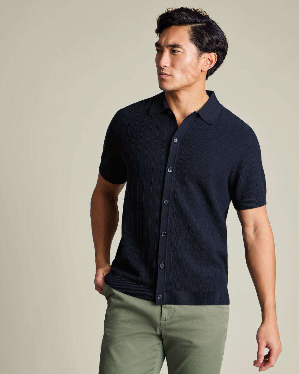 Cotton Stripe Texture Button Through Knitted Polo – Navy