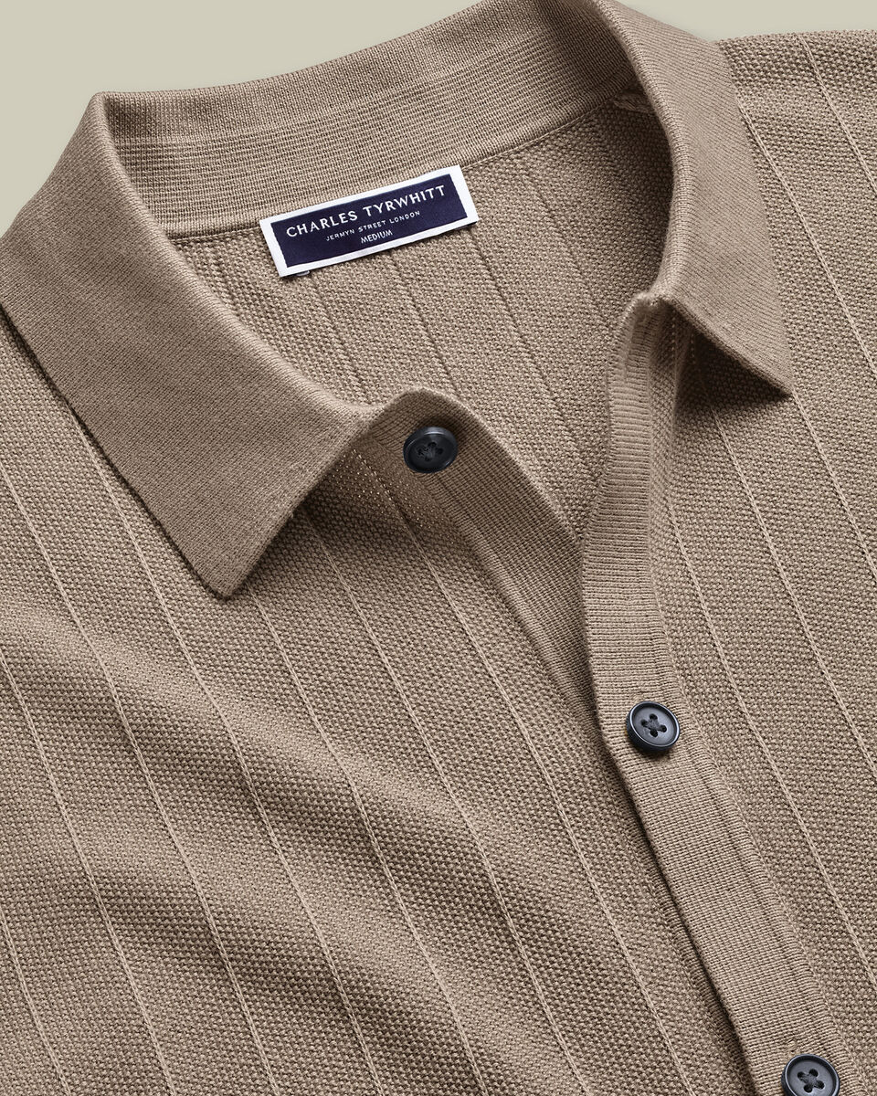 Cotton Stripe Texture Button Through Knitted Polo – Taupe