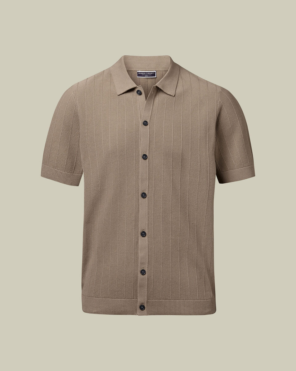Cotton Stripe Texture Button Through Knitted Polo – Taupe