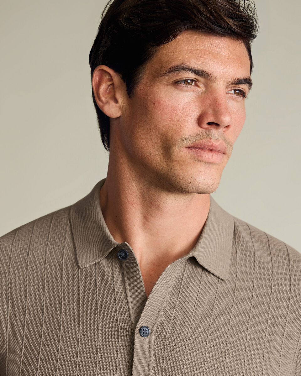 Cotton Stripe Texture Button Through Knitted Polo – Taupe
