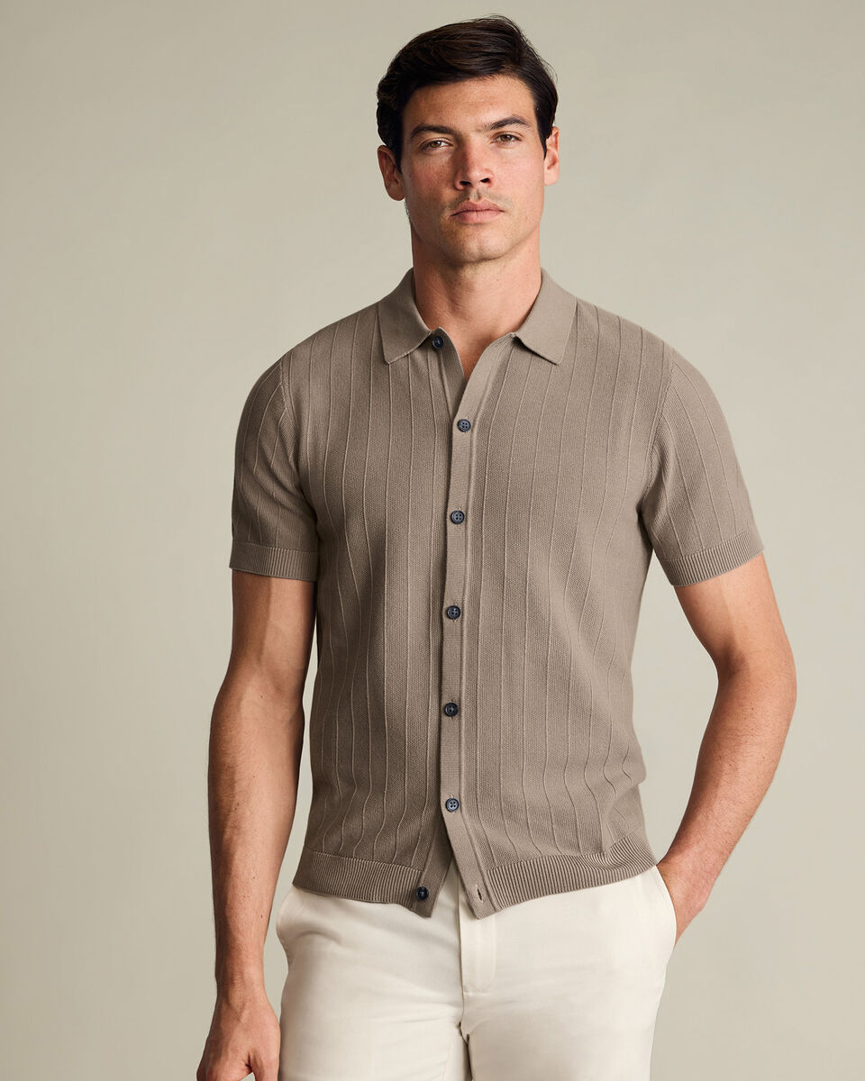 Cotton Stripe Texture Button Through Knitted Polo – Taupe Main image