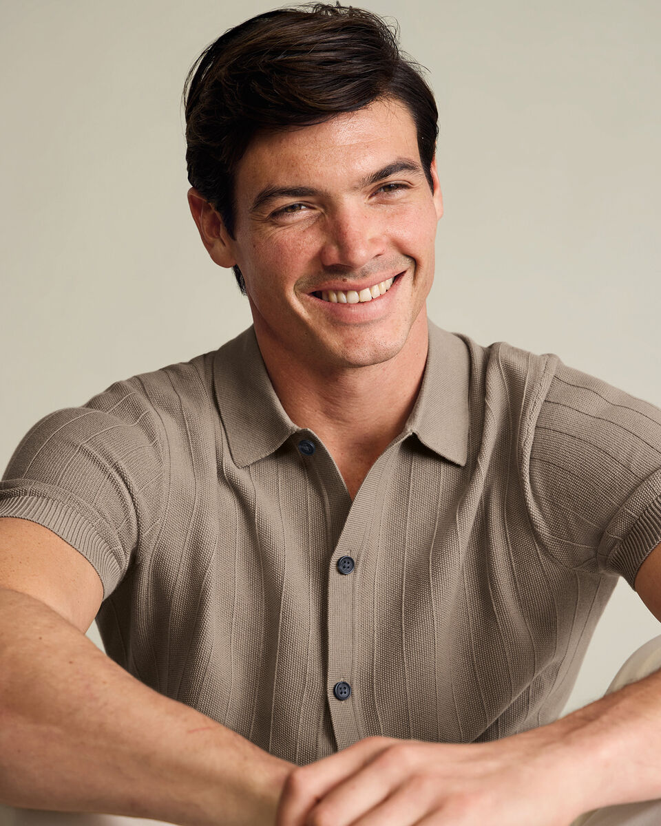 Cotton Stripe Texture Button Through Knitted Polo – Taupe