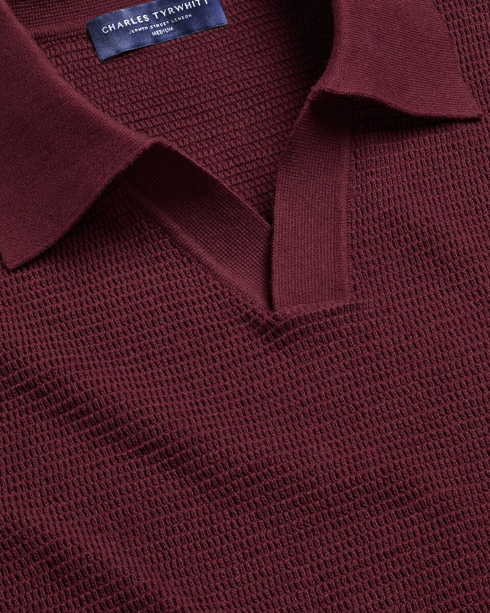 Cotton Textured Trophy Neck Knitted Polo - Burgundy