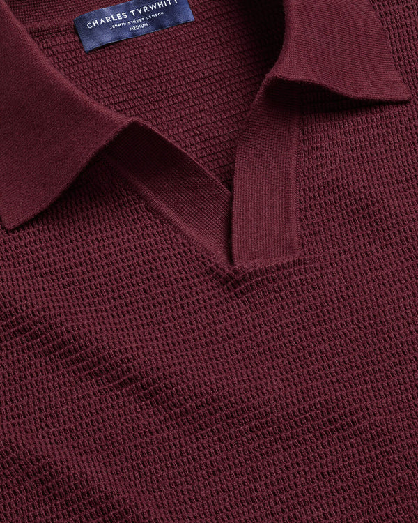 Cotton Textured Trophy Neck Knitted Polo - Burgundy