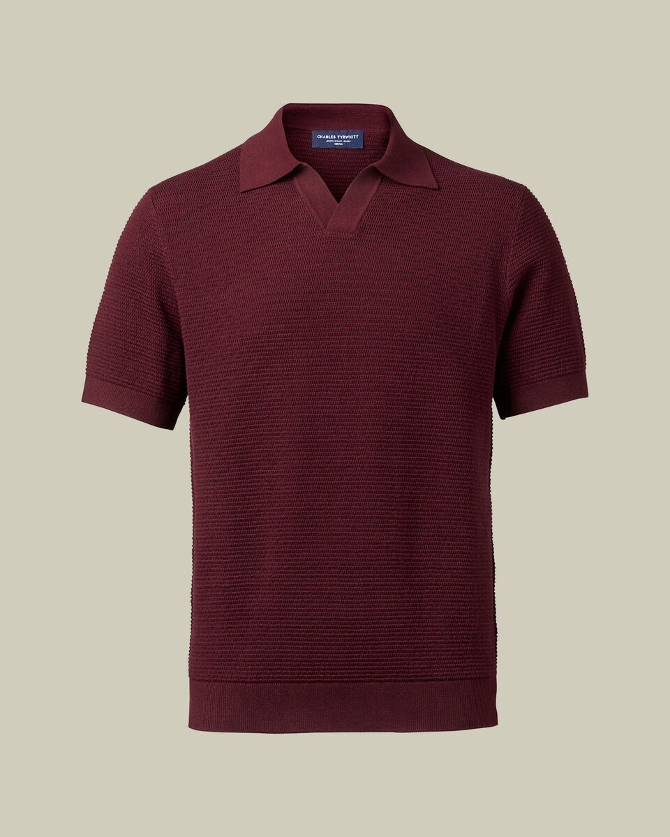 Cotton Textured Trophy Neck Knitted Polo - Burgundy