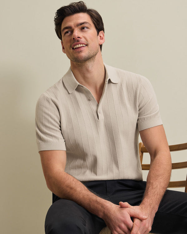 Cotton Stripe Knitted Polo - Limestone