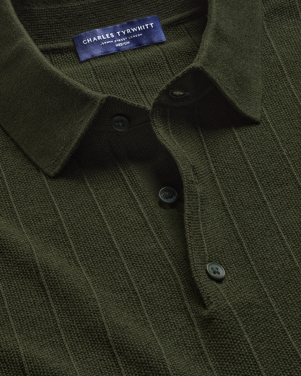 Cotton Stripe Textured Knitted Polo - Olive Green Secondary image