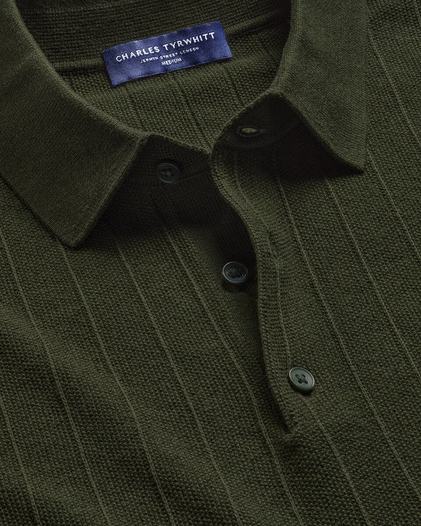 Cotton Stripe Textured Knitted Polo - Olive Green