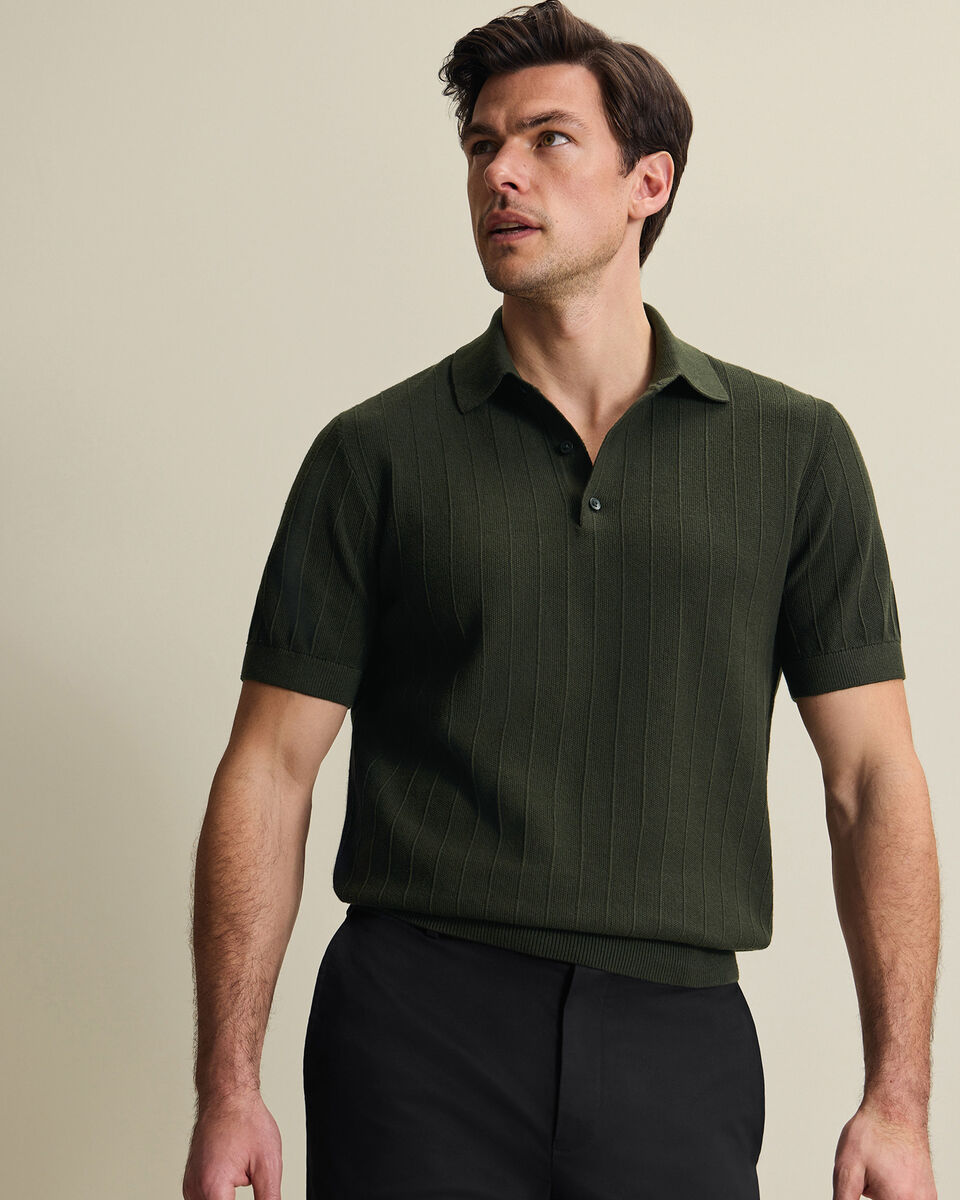 Cotton Stripe Textured Knitted Polo - Olive Green Main image