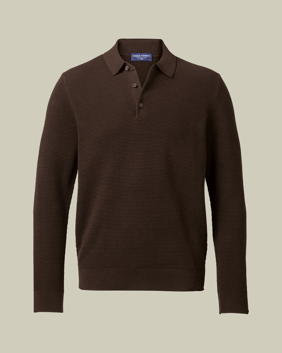 Long Sleeve Cotton Textured Knitted Polo - Chocolate Brown