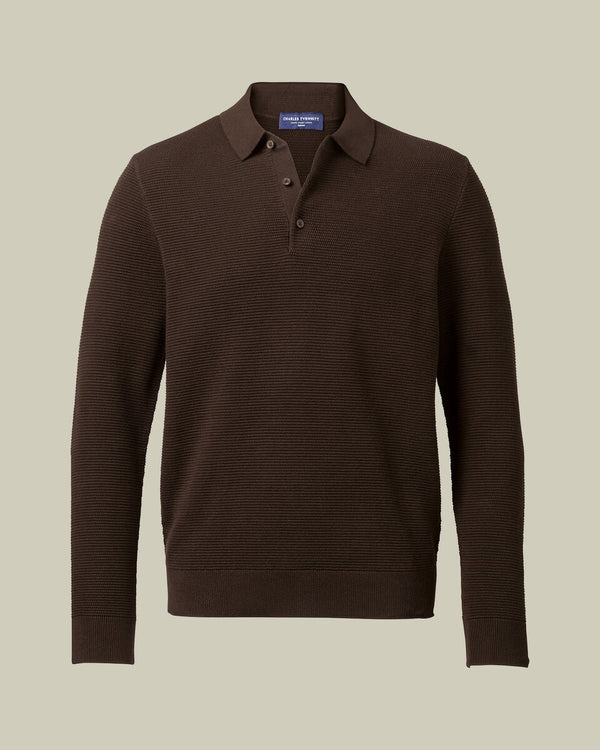 Long Sleeve Cotton Textured Knitted Polo - Chocolate Brown