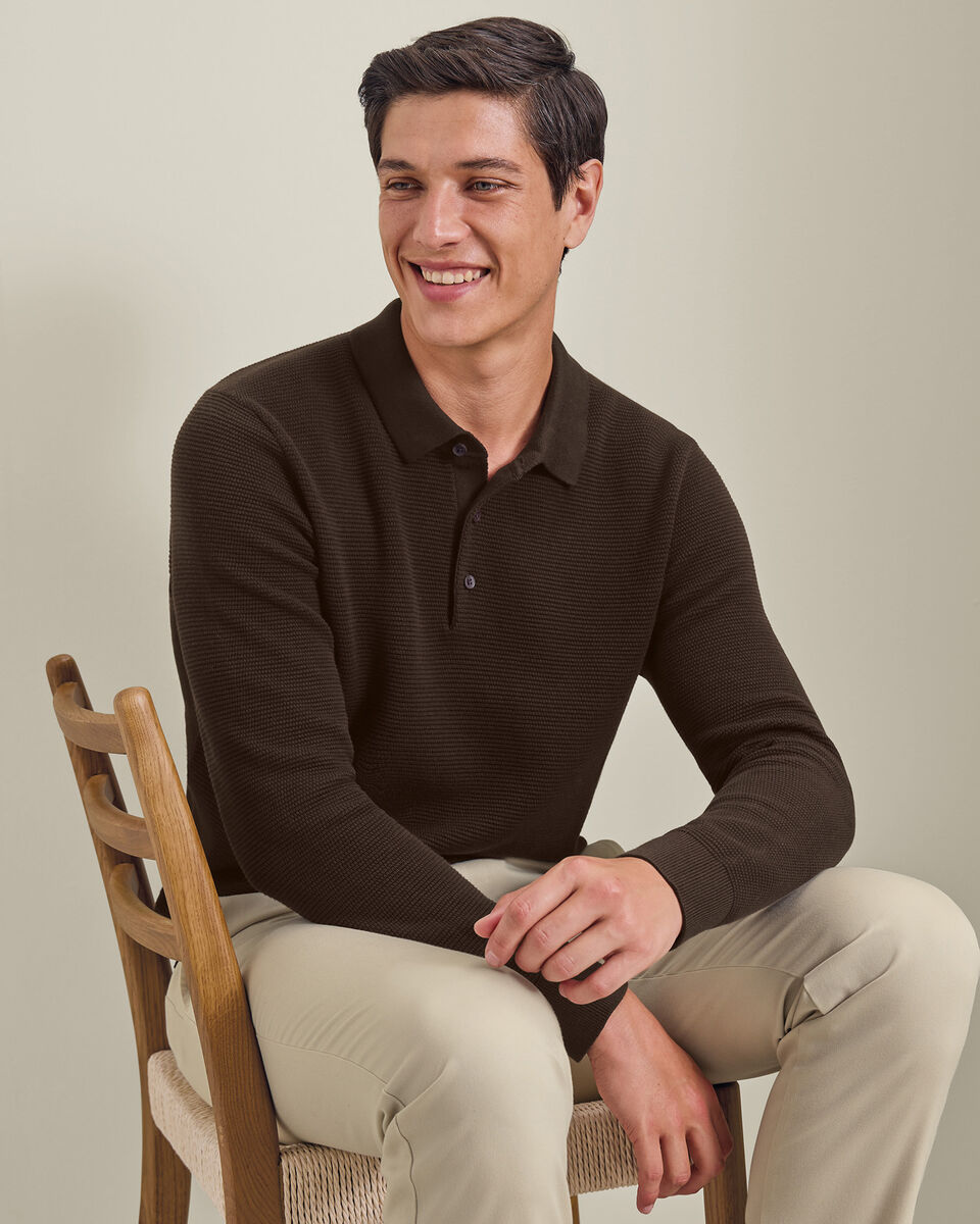 Long Sleeve Cotton Textured Knitted Polo - Chocolate Brown