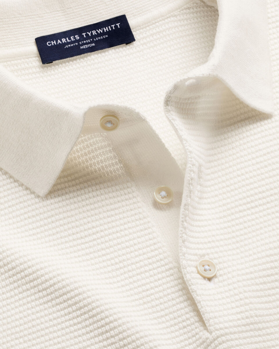 Long Sleeve Cotton Textured Knitted Polo - Cream Secondary image