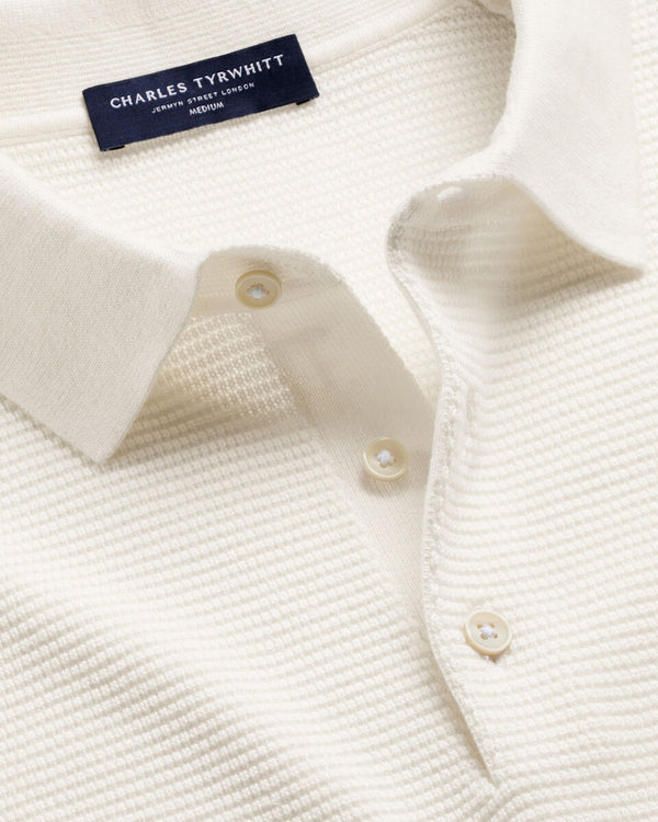 Long Sleeve Cotton Textured Knitted Polo - Cream