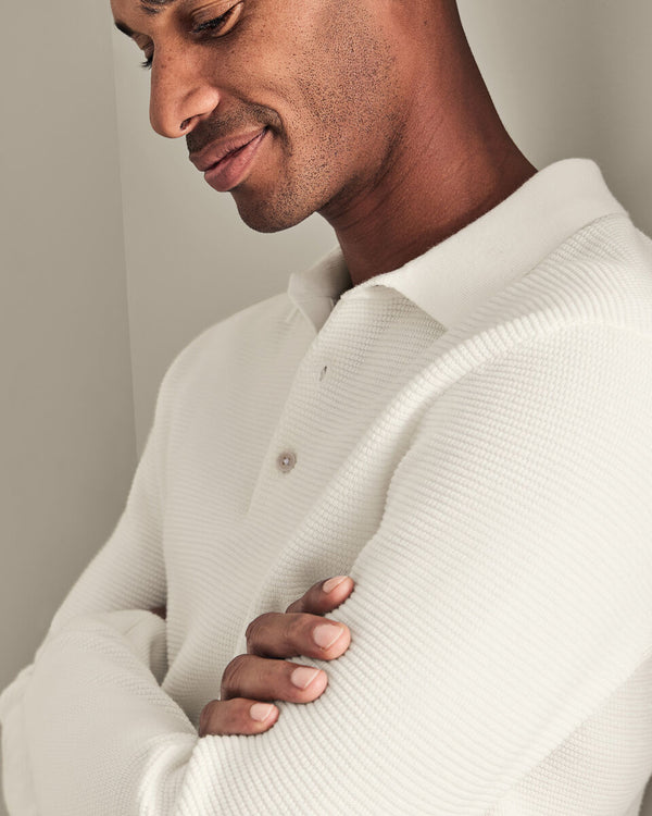 Long Sleeve Cotton Textured Knitted Polo - Cream