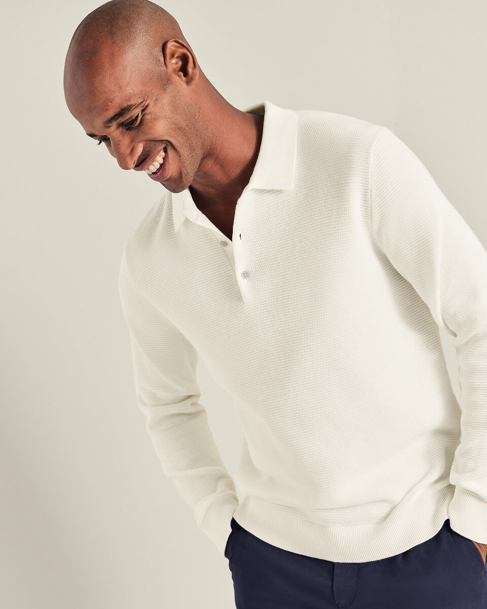 Long Sleeve Cotton Textured Knitted Polo - Cream Main image