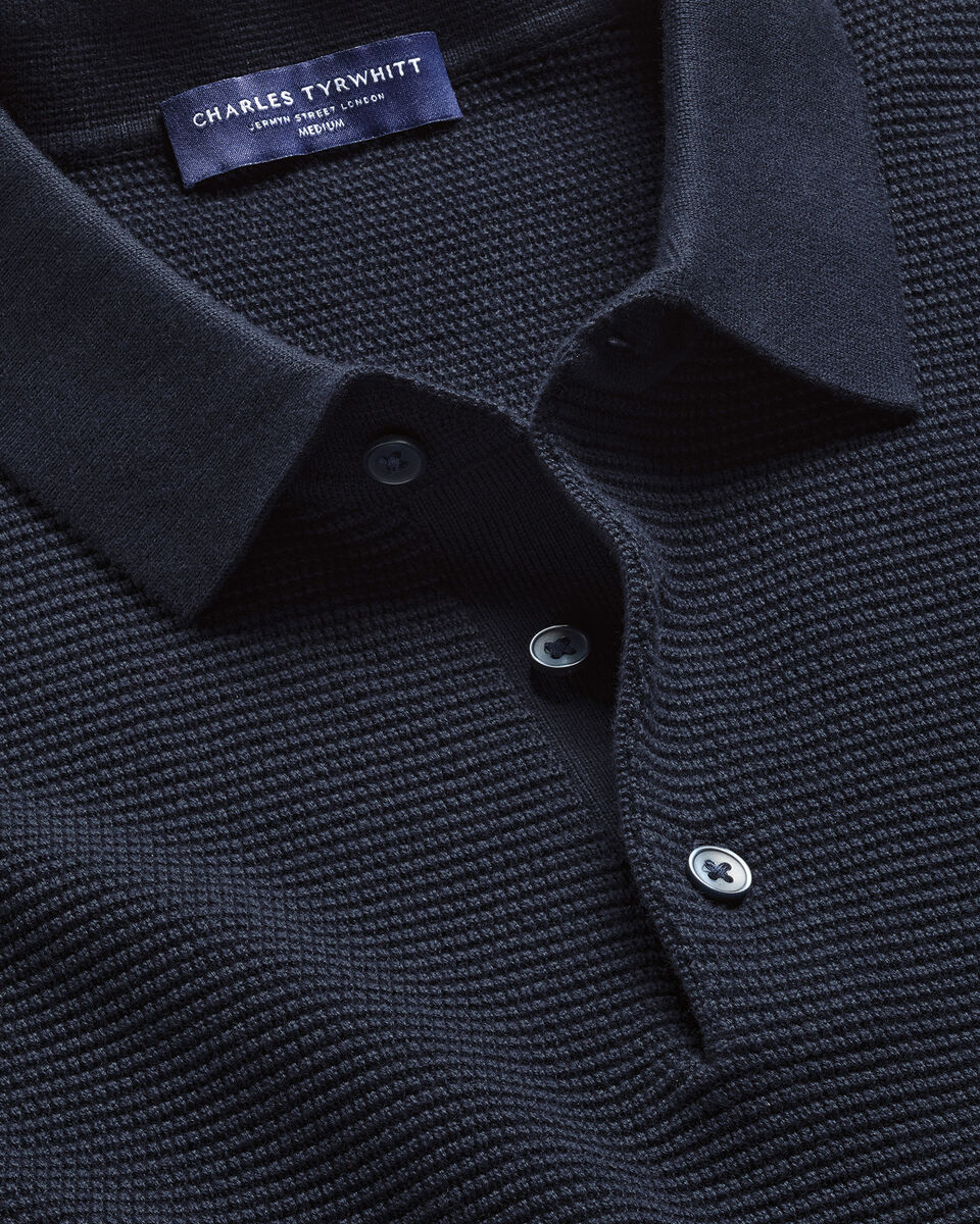 Cotton Long Sleeve Textured Knitted Polo - Navy Blue Secondary image
