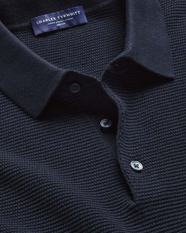 Cotton Long Sleeve Textured Knitted Polo - Navy Blue