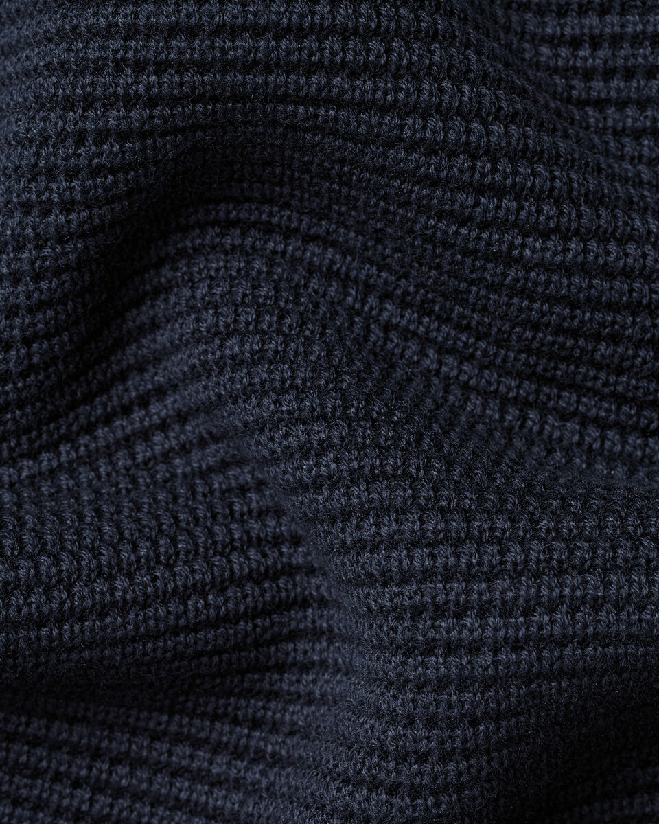Cotton Long Sleeve Textured Knitted Polo - Navy Blue