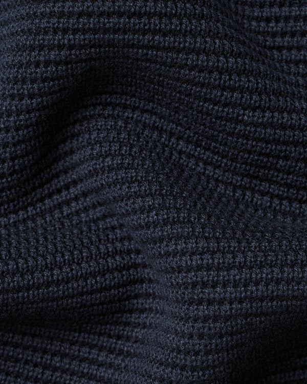 Cotton Long Sleeve Textured Knitted Polo - Navy Blue
