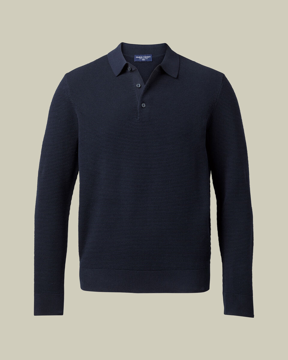 Cotton Long Sleeve Textured Knitted Polo - Navy Blue