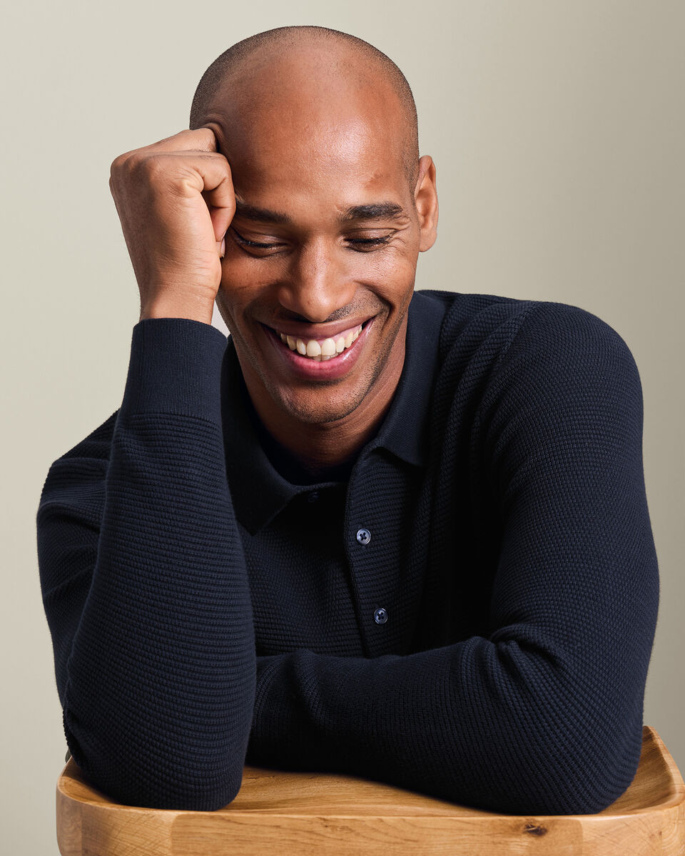 Cotton Long Sleeve Textured Knitted Polo - Navy Blue
