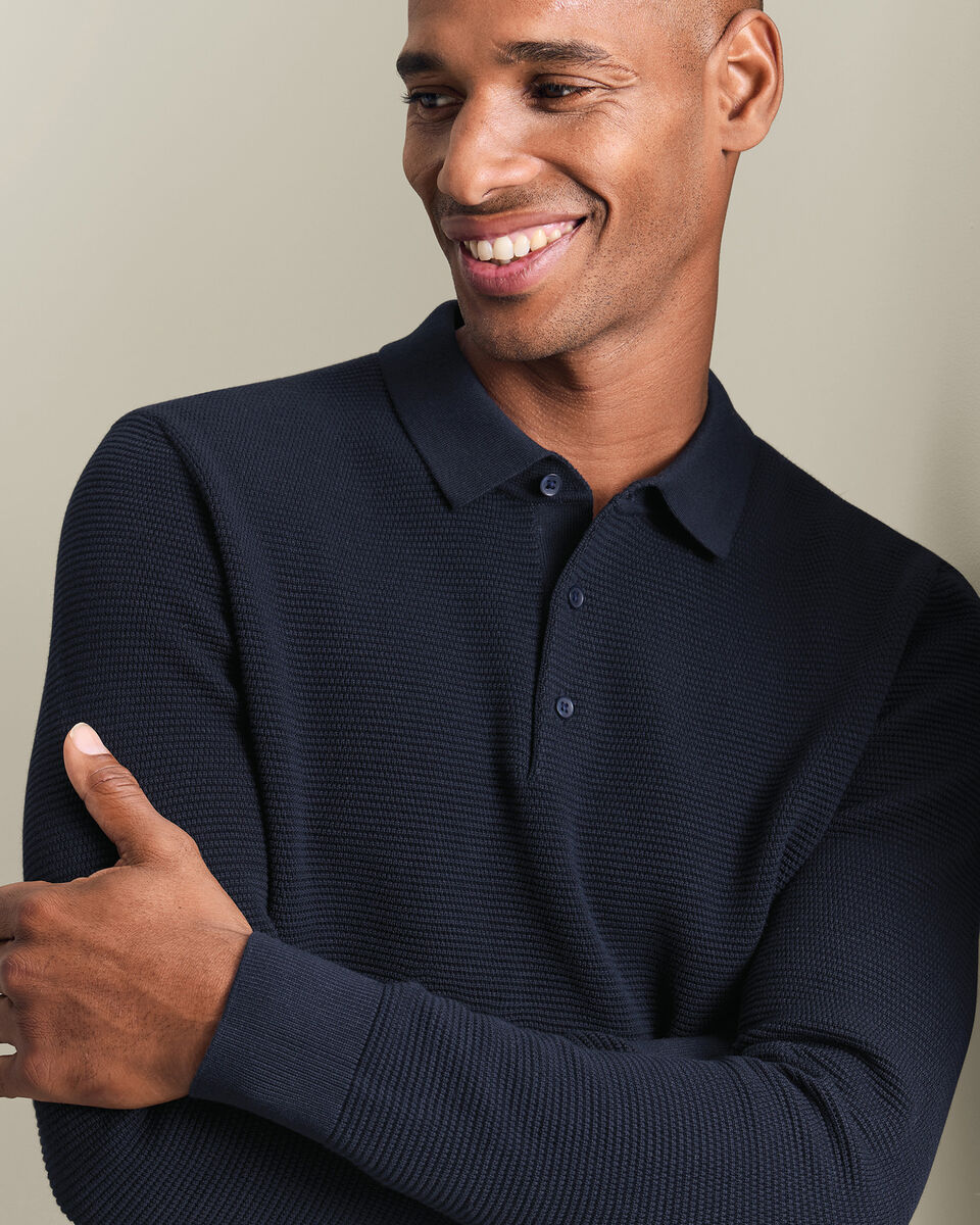 Cotton Long Sleeve Textured Knitted Polo - Navy Blue