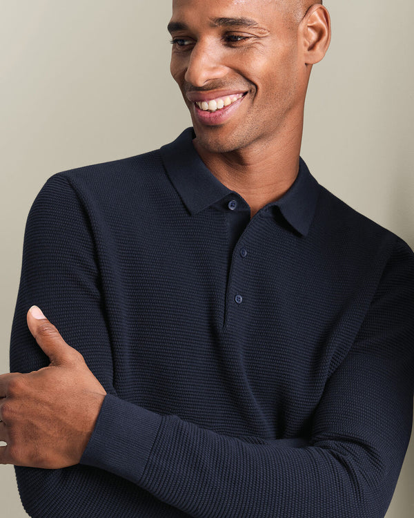 Cotton Long Sleeve Textured Knitted Polo - Navy Blue