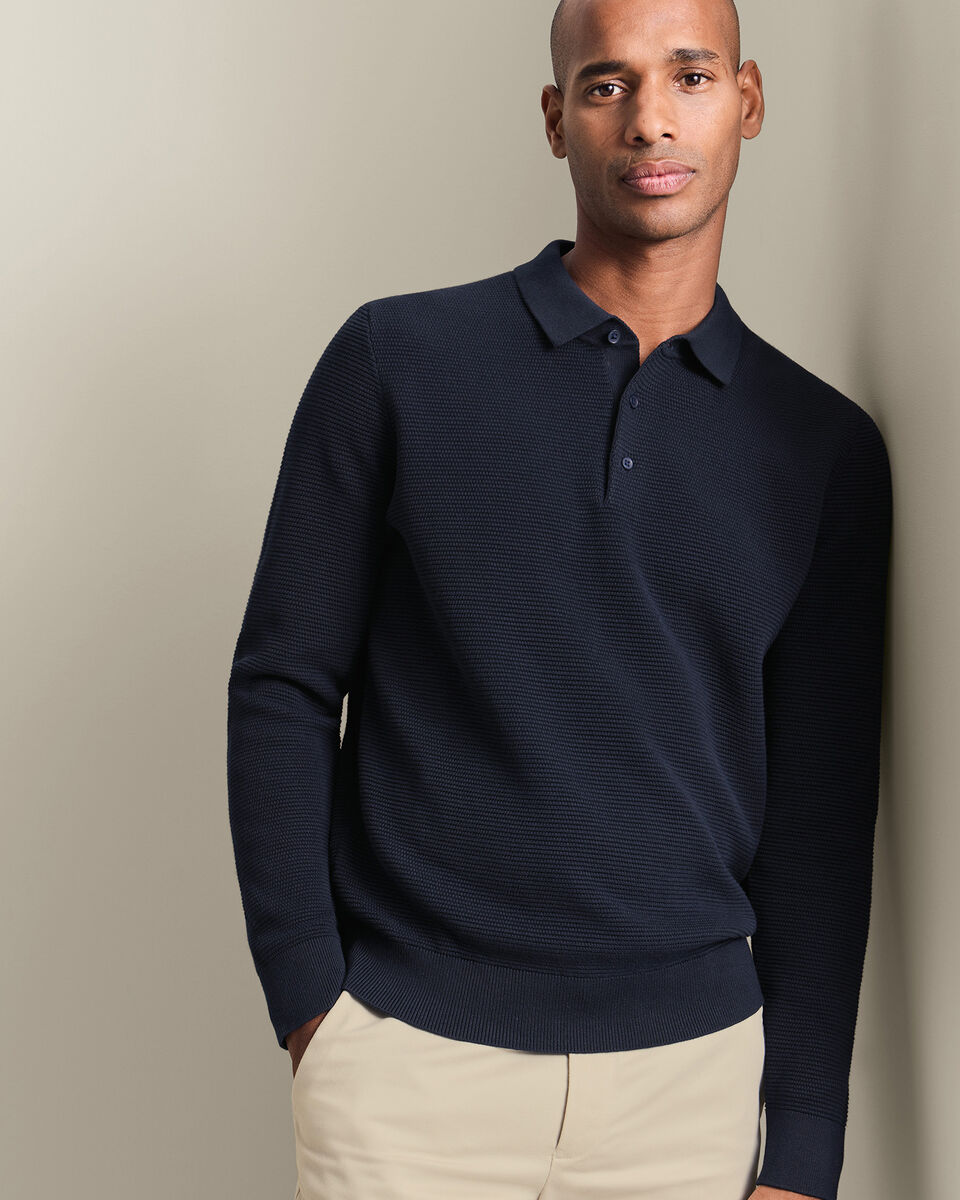 Cotton Long Sleeve Textured Knitted Polo - Navy Blue Main image