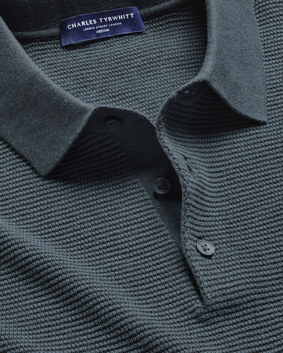 Long Sleeve Cotton Textured Knitted Polo - Petrol Blue