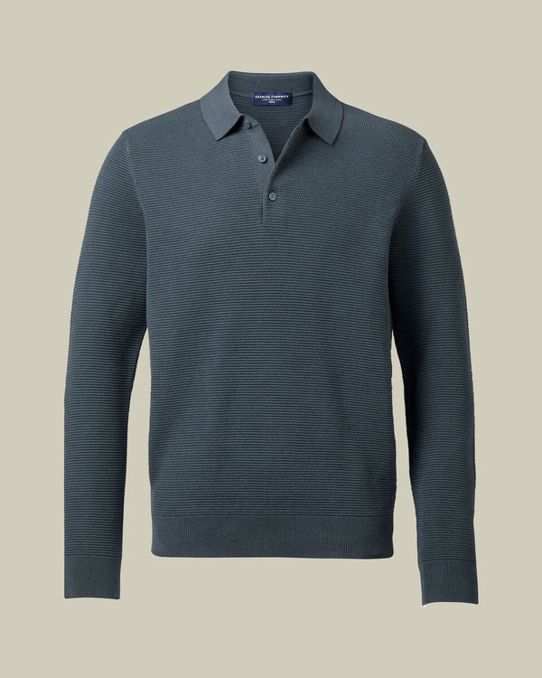 Long Sleeve Cotton Textured Knitted Polo - Petrol Blue
