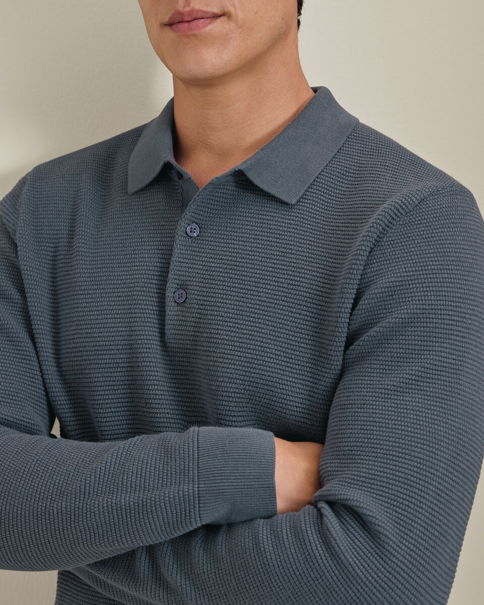 Long Sleeve Cotton Textured Knitted Polo - Petrol Blue