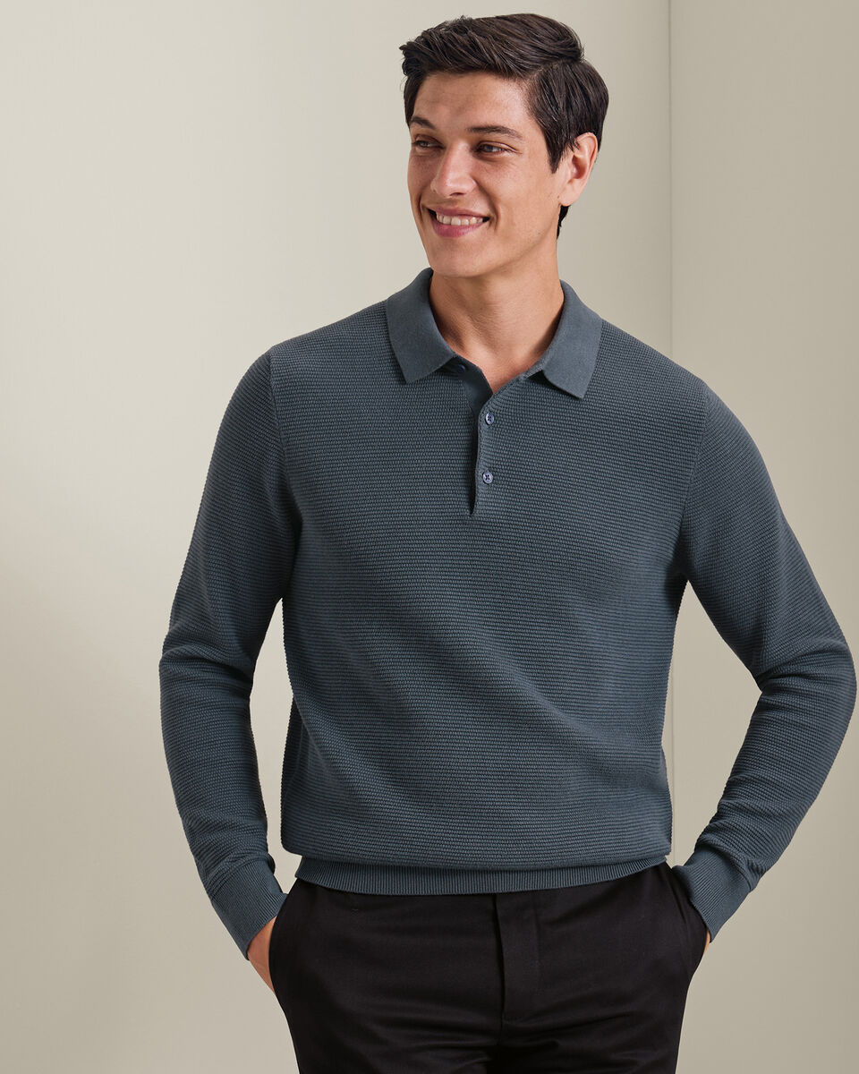 Long Sleeve Cotton Textured Knitted Polo - Petrol Blue Main image