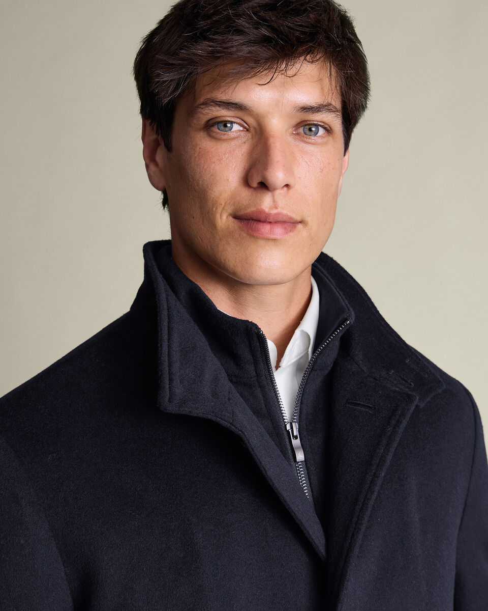 Pure Wool Funnel Neck Overcoat - Navy