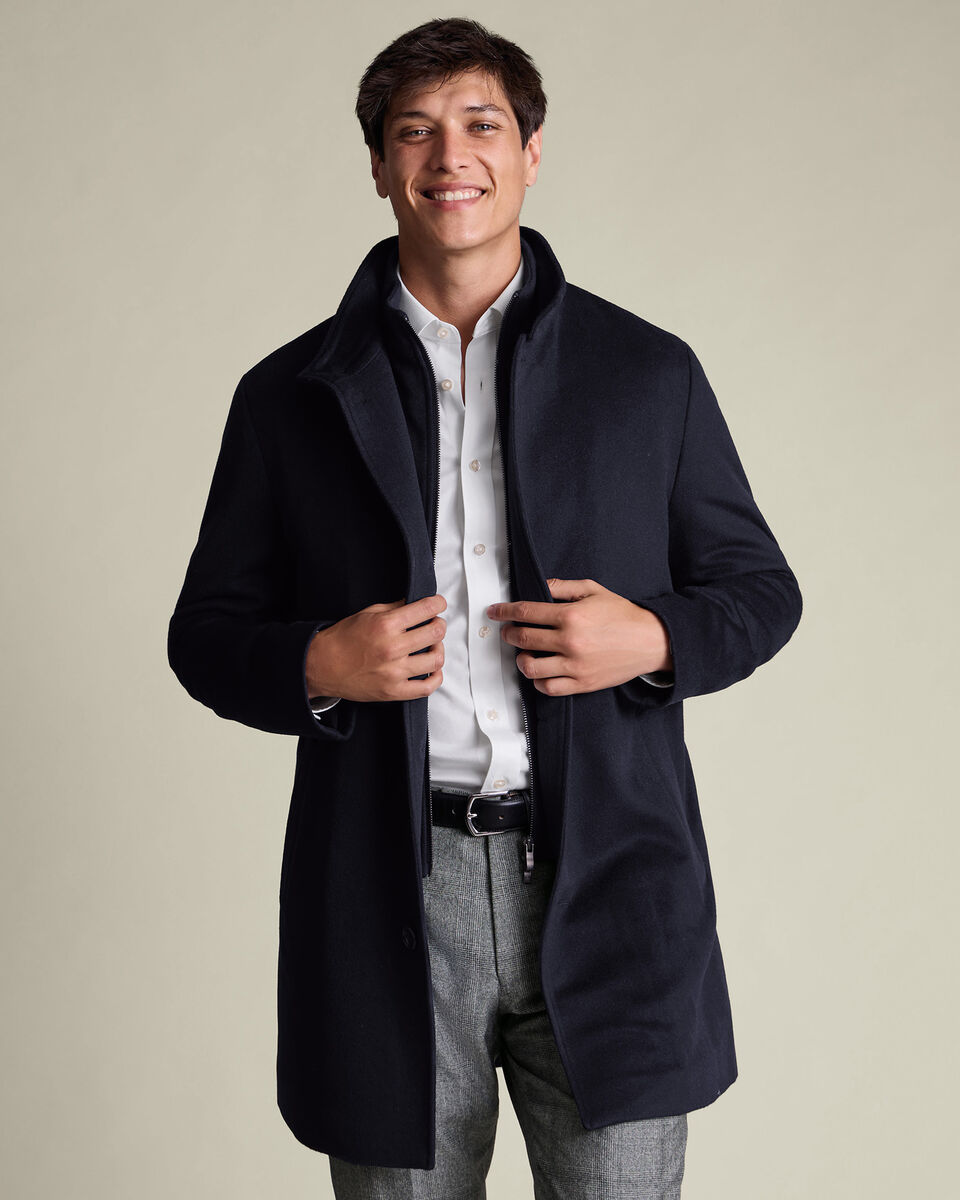 Pure Wool Funnel Neck Overcoat - Navy Main image