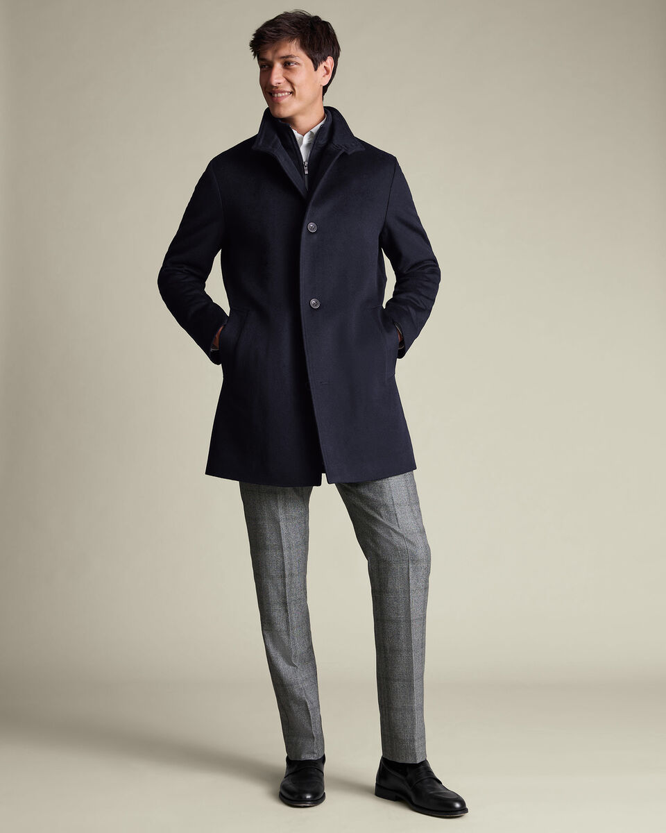 Pure Wool Funnel Neck Overcoat - Navy