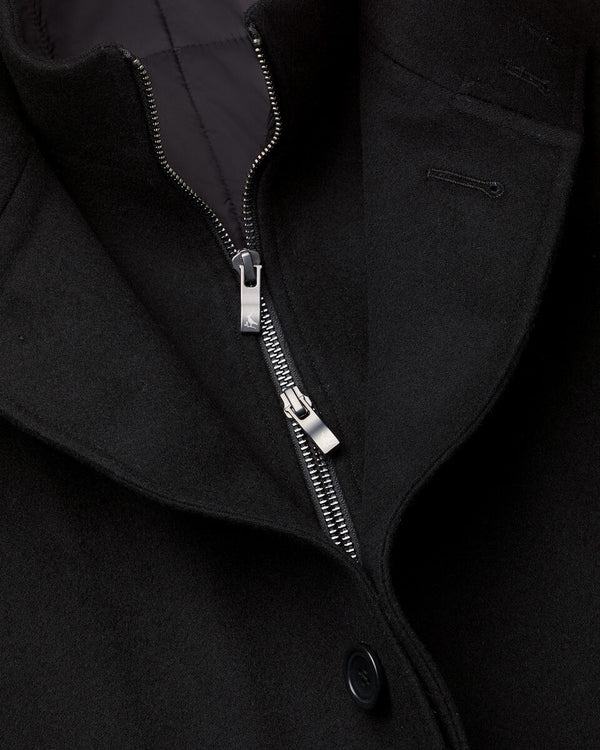 Fine Merino Wool Funnel Neck Overcoat - Black